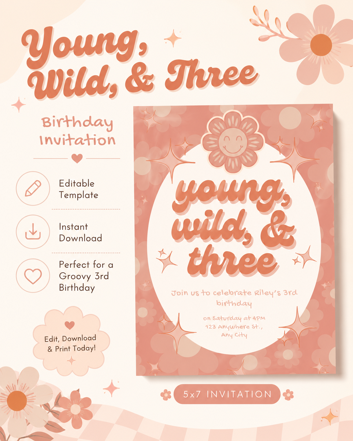 Young, Wild, & Three Birthday Invitation | Editable Digital Download