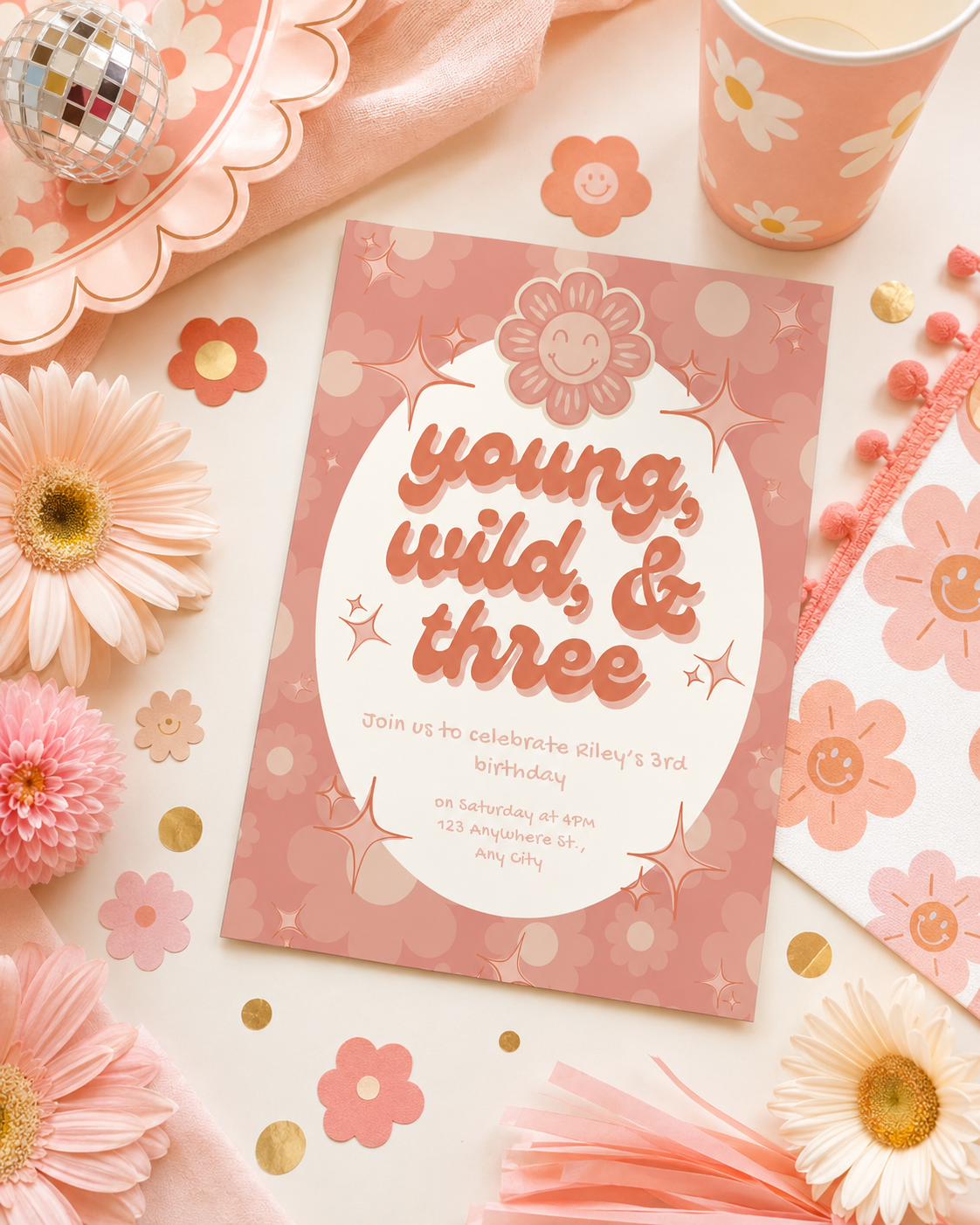 Young, Wild, & Three Birthday Invitation | Editable Digital Download
