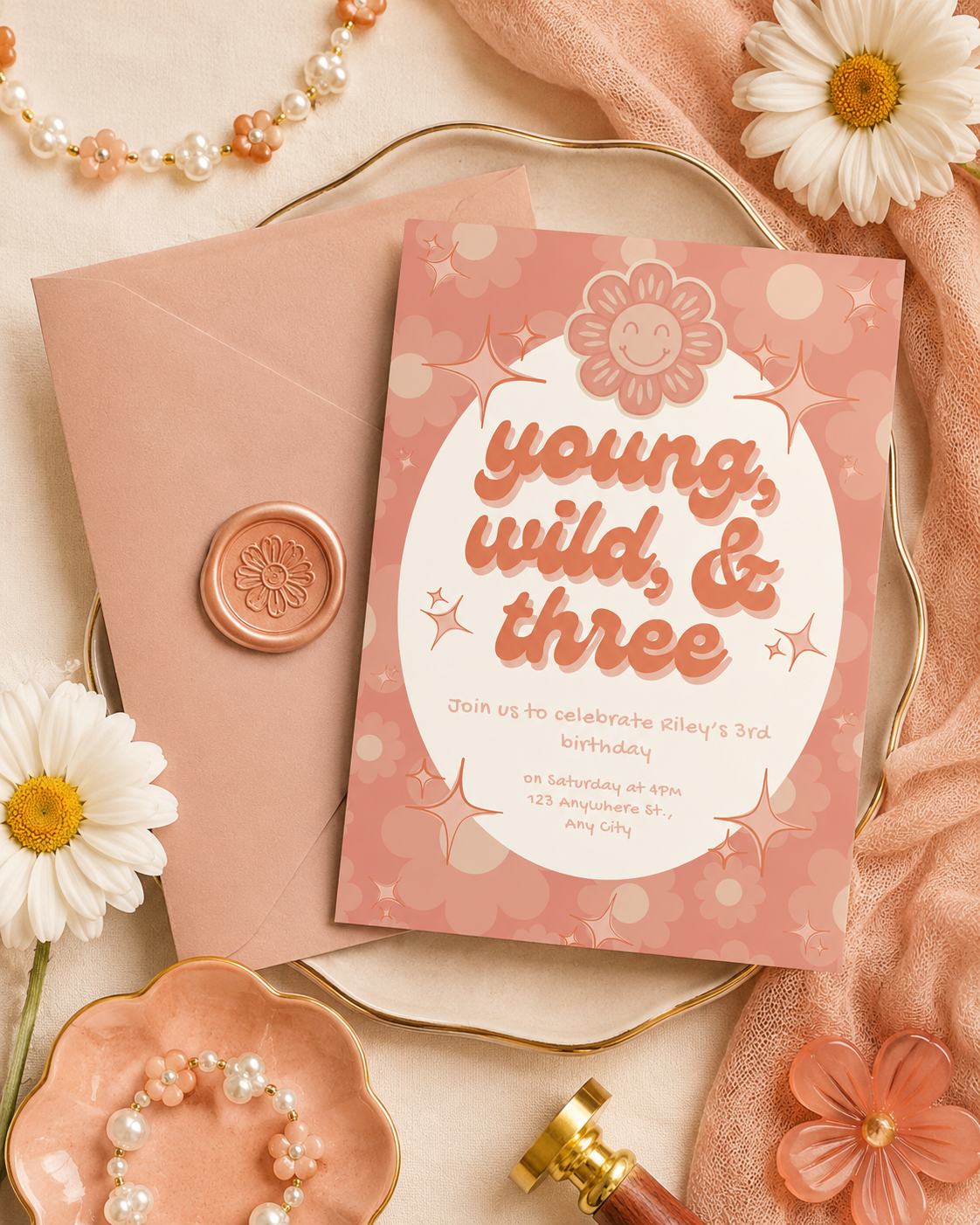 Young, Wild, & Three Birthday Invitation | Editable Digital Download