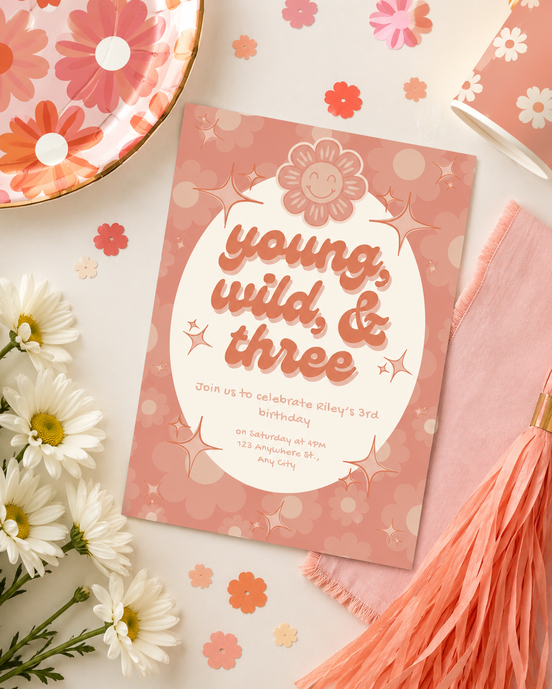Young, Wild, & Three Birthday Invitation | Editable Digital Download