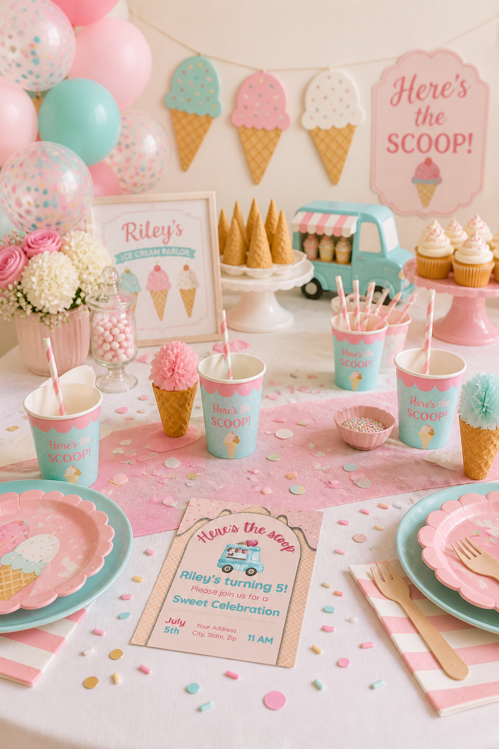 Here’s the Scoop Birthday Invitation | Ice Cream Party Invite | Sweet Birthday Theme | Editable Canva Template | Girl Birthday Invitation | Instant Download