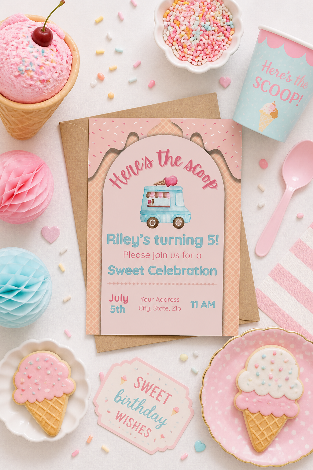 Here’s the Scoop Birthday Invitation | Ice Cream Party Invite | Sweet Birthday Theme | Editable Canva Template | Girl Birthday Invitation | Instant Download