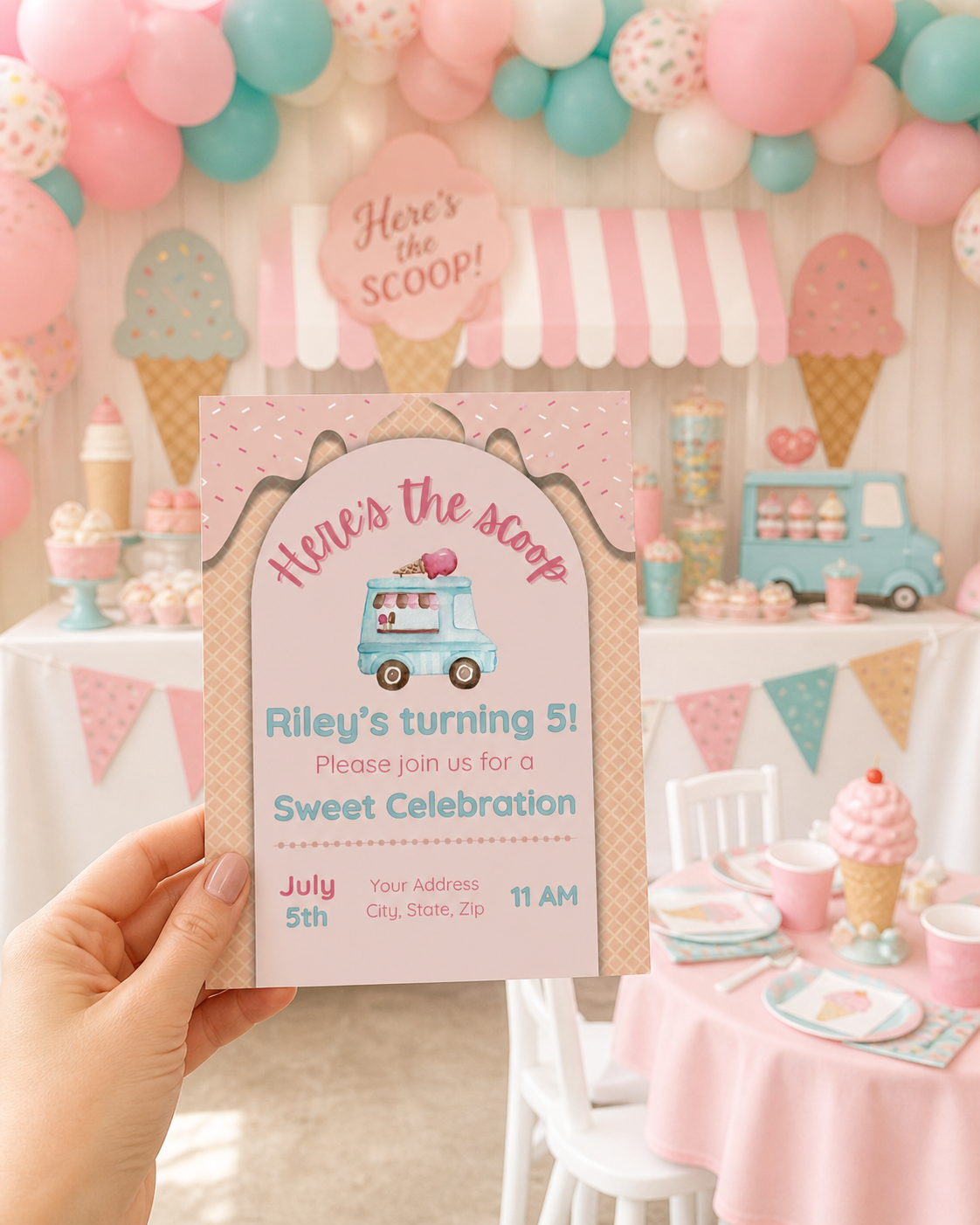 Here’s the Scoop Birthday Invitation | Ice Cream Party Invite | Sweet Birthday Theme | Editable Canva Template | Girl Birthday Invitation | Instant Download