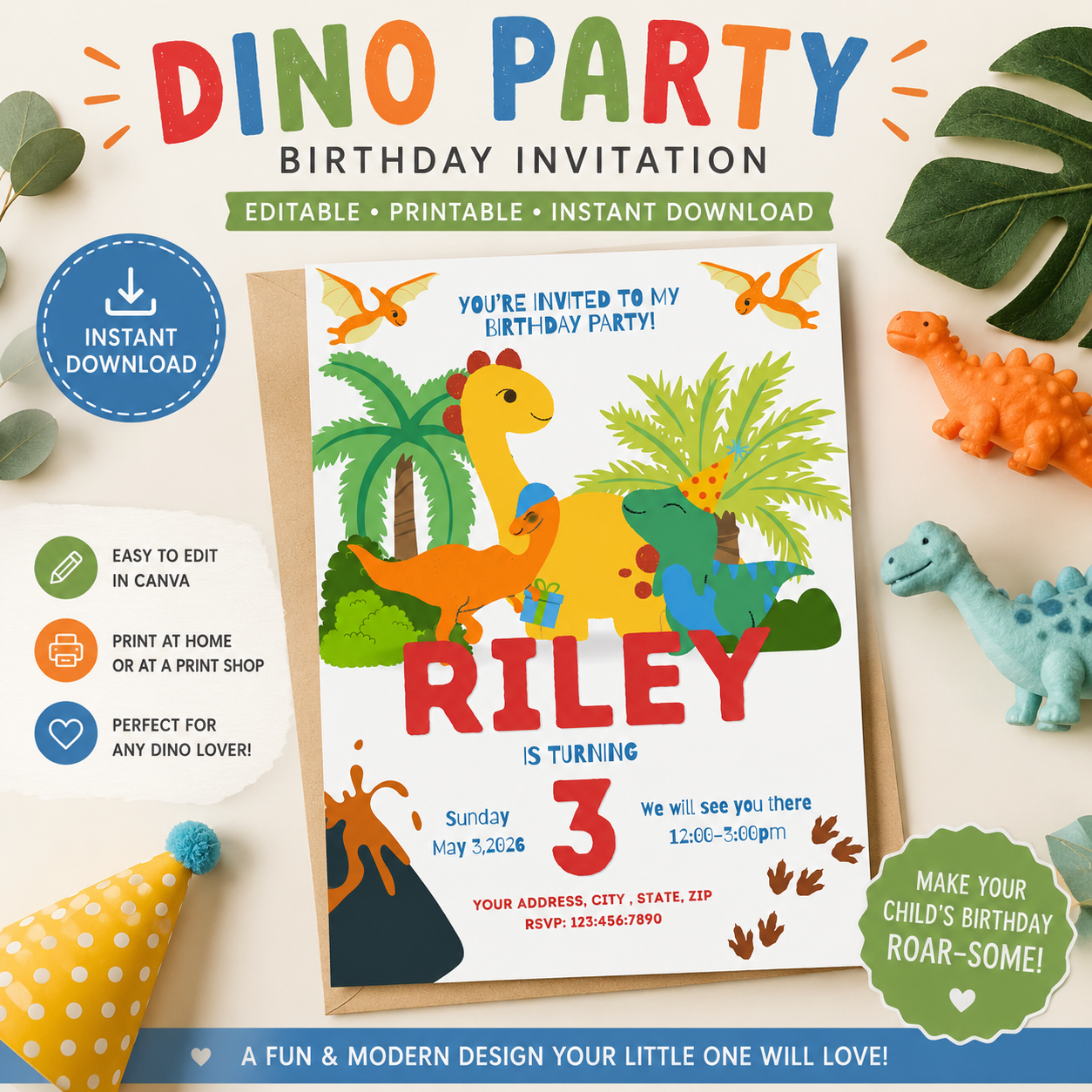 Dinosaur Birthday Invitation | Dino Birthday Party Invite | Editable Canva Template | Kids Birthday Invitation | Instant Download