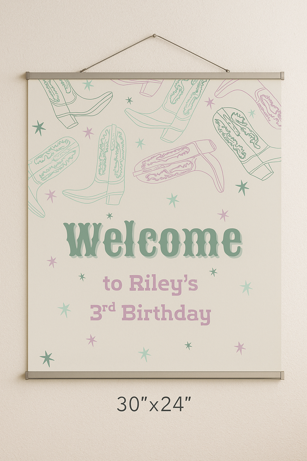 Western cowgirl-themed welcome sign for Riley’s 3rd birthday, displayed on a black wrought iron easel in front of a suburban home. The sign features mint green and pink cowboy boots and stars on a neutral background, framed by a pastel balloon arch. Perfect for a girl's cowgirl birthday party entrance setup.