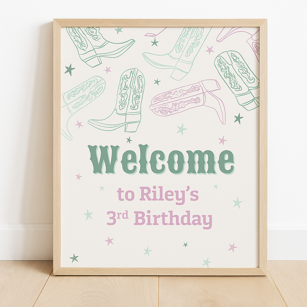Outdoor western-themed birthday welcome sign for Riley’s 3rd birthday, displayed on a wooden easel atop a hay bale. The sign features mint and pink cowboy boots and stars, surrounded by themed party decor including a mint cow print boot, red toy boot, white daisies, and pastel balloon garland in the background. Perfect for a cowgirl birthday party setup.