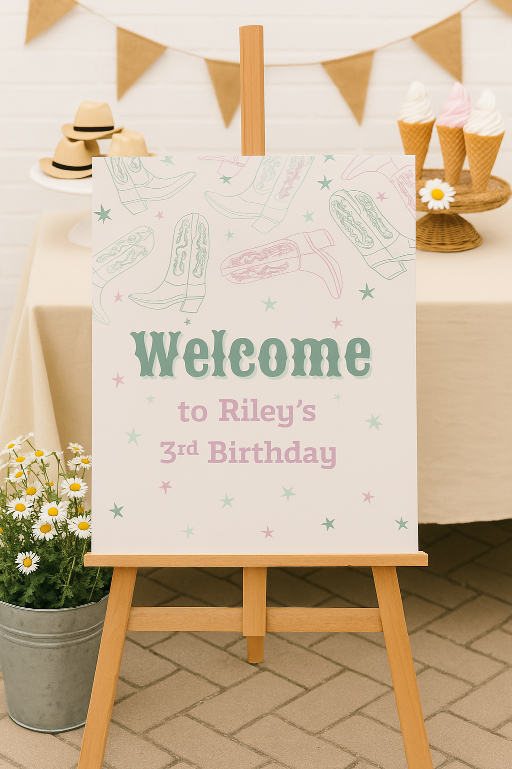 Western-themed “Welcome to Riley’s 3rd Birthday” party sign displayed on a wooden easel at a girl's birthday celebration. The sign features mint green and pink cowboy boots with pastel stars, set against a neutral background with rustic party decor including daisy flowers, burlap banner, and ice cream cone display. Perfect for a feminine cowgirl birthday theme.