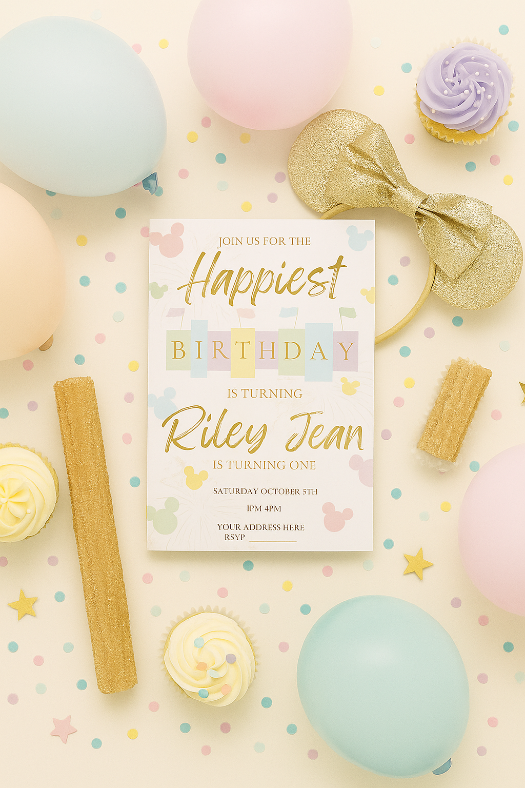 Happiest Birthday on Earth Invitation – Pastel Disney-Themed 1st Birthday Invite - Editable/Customizable