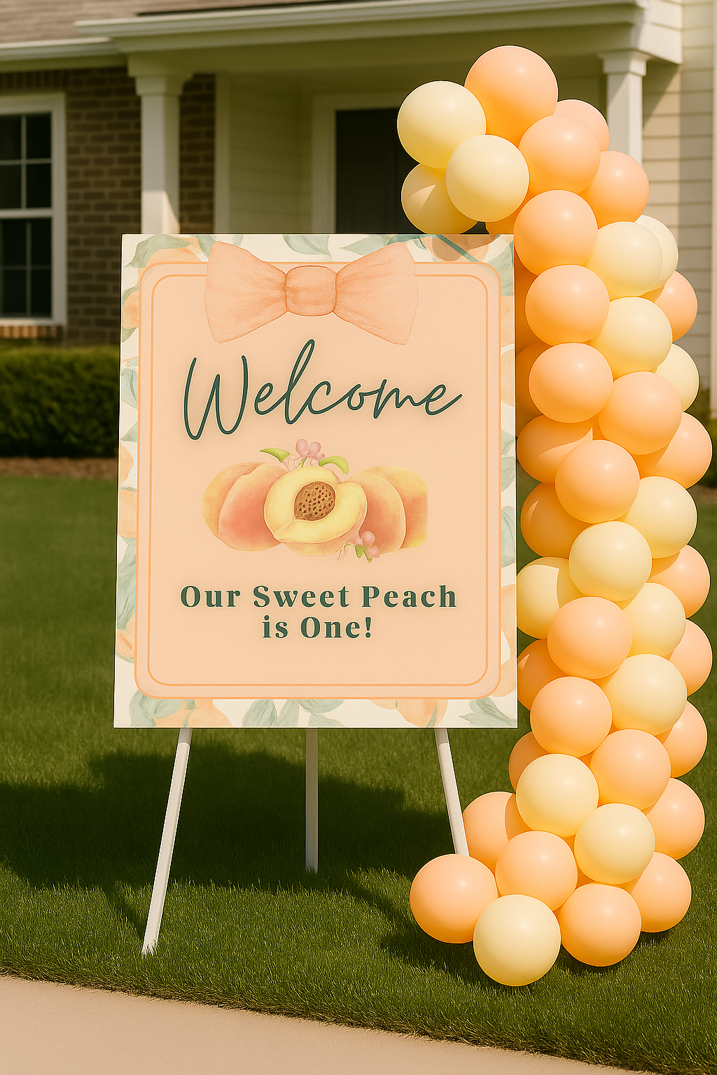 Peach-themed first birthday welcome sign displayed on lawn with peach and cream balloon garland. Sign reads “Welcome, Our Sweet Peach is One!” with watercolor peaches and bow. Perfect outdoor decor for girl’s 1st birthday summer celebration.