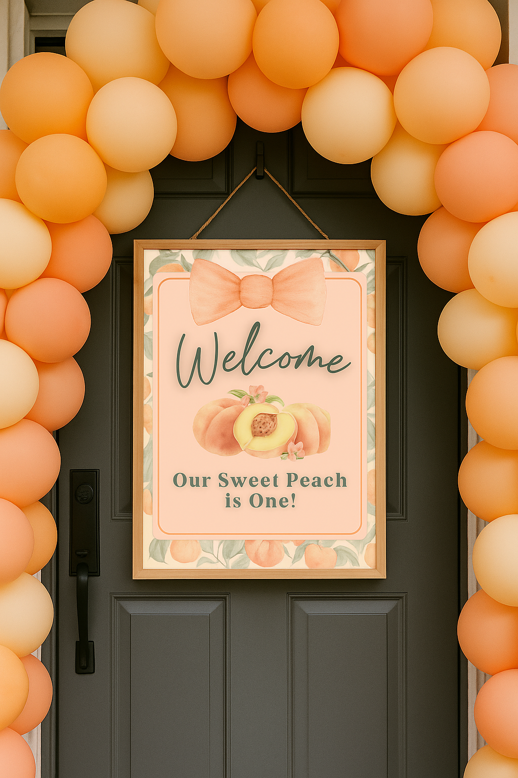 Peach-themed first birthday welcome sign hanging on a front door, surrounded by a peach and cream balloon arch. Sign features watercolor peaches, pink bow, and text “Our Sweet Peach is One!” Perfect entryway decor for a summer peach birthday party.