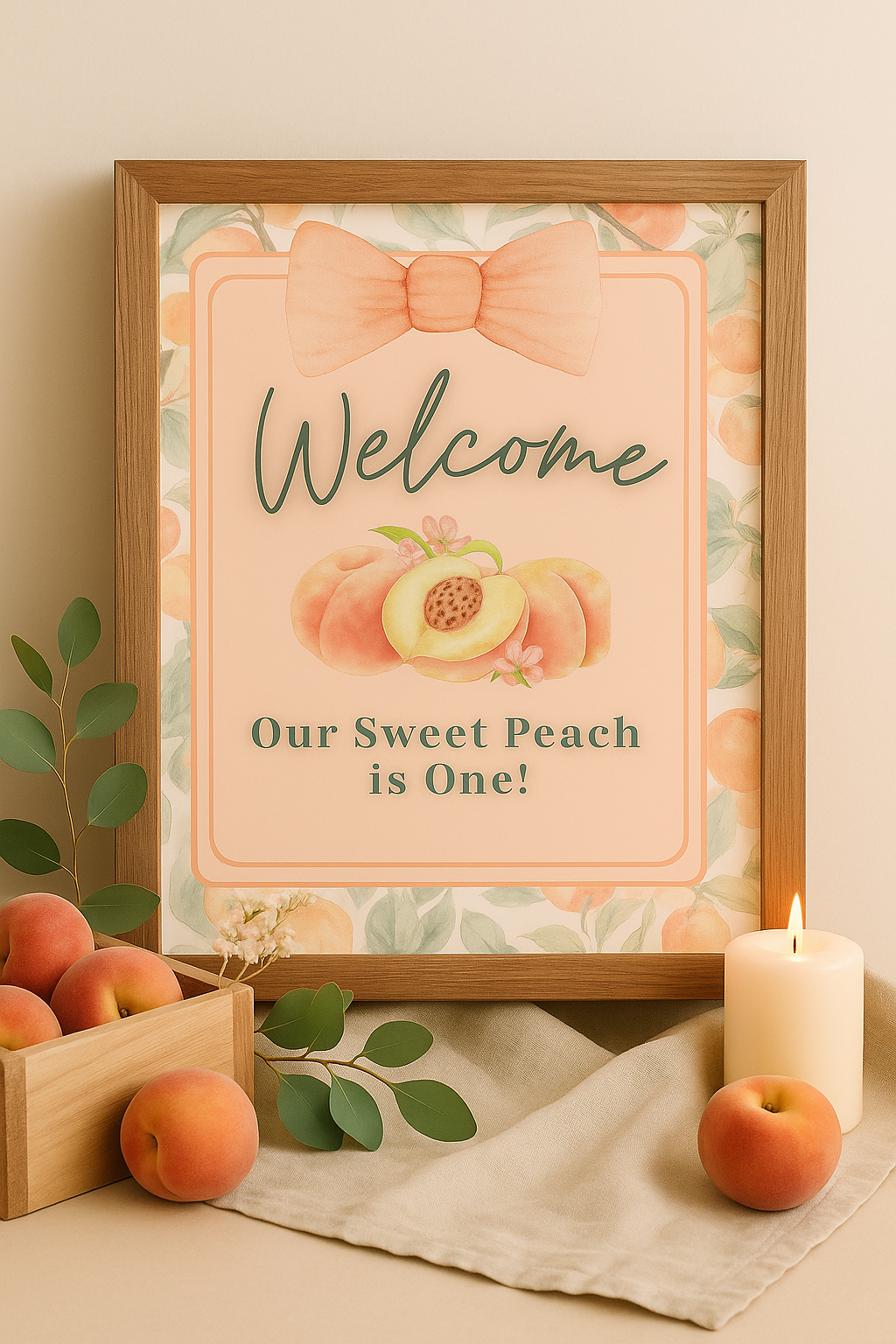 Peach-themed first birthday welcome sign in wooden frame with watercolor peaches, pink bow, and text “Our Sweet Peach is One!” Styled with fresh peaches, greenery, and a lit candle on beige linen. Perfect decor for girl's 1st birthday celebration.