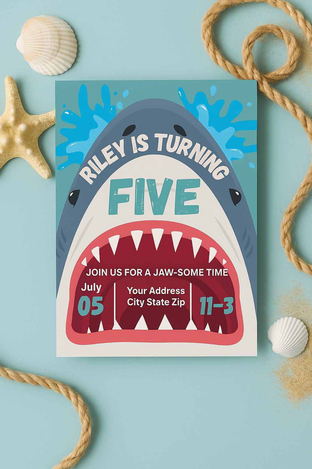 Shark-themed 5th birthday invitation flat lay on blue background with seashells, rope, and starfish. Card features a cartoon shark with open mouth, water splashes, and bold text reading “Riley is turning FIVE.” Includes party date, time, and location.