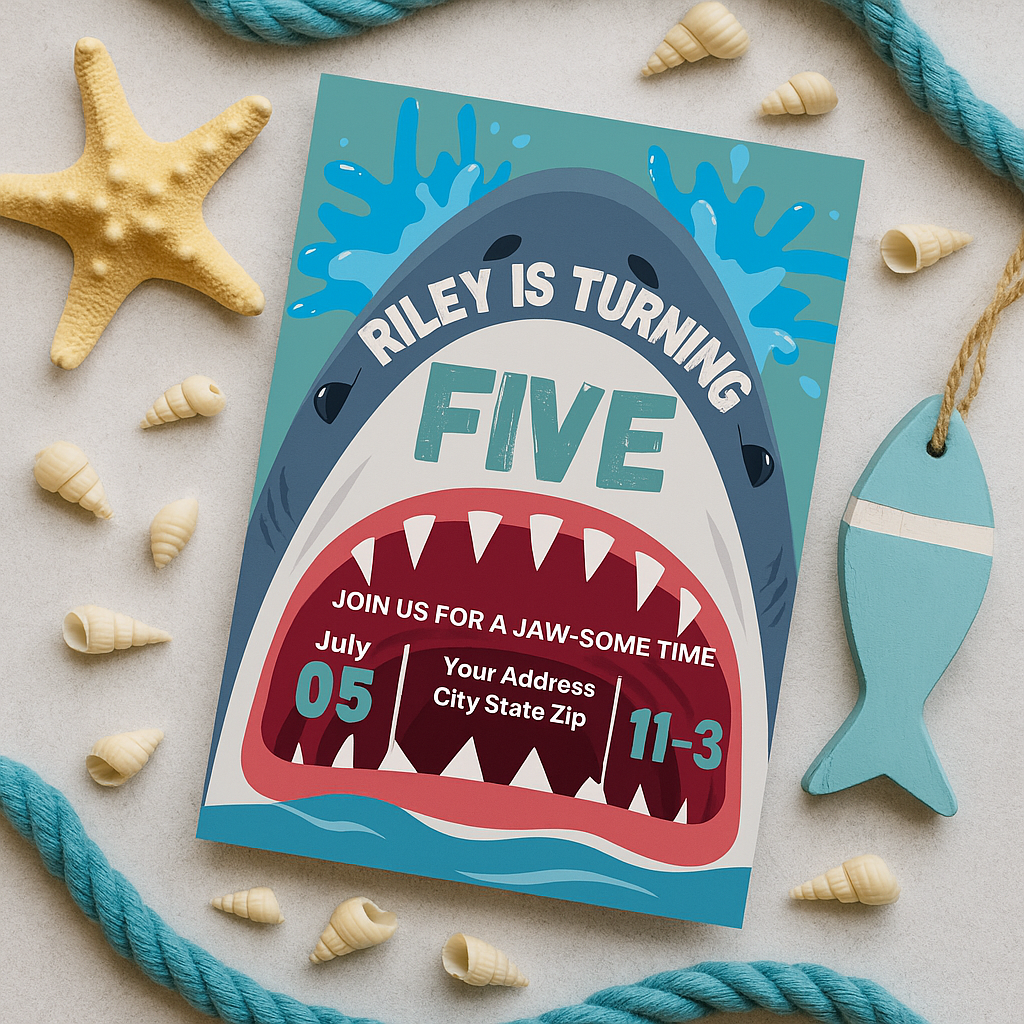 Shark-themed 5th birthday invitation flat lay on sandy background with seashells, starfish, blue rope, and a wooden fish. Card features cartoon shark with open mouth, water splashes, and bold text reading “Riley is turning FIVE.” Party details included.
