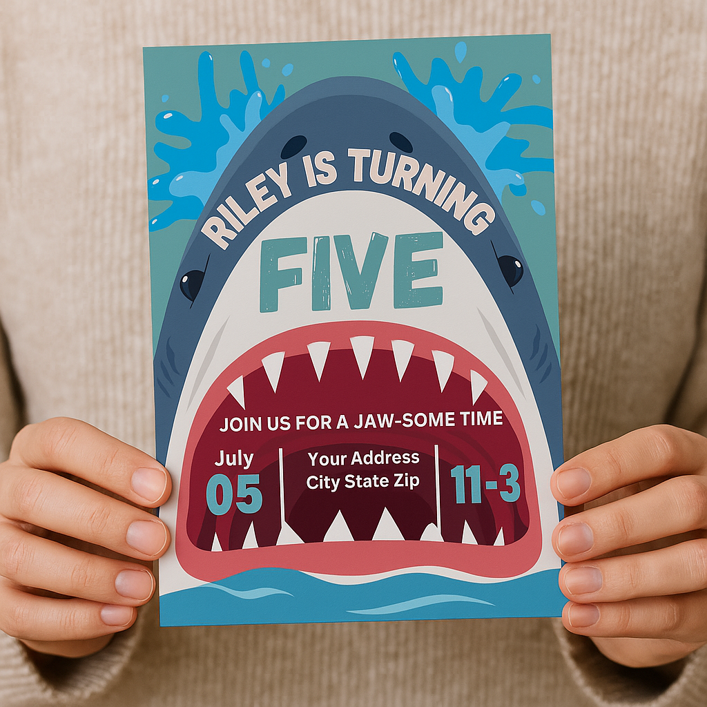 Person holding a shark-themed 5th birthday invitation featuring a cartoon shark with an open mouth, bold text reading “Riley is turning FIVE,” and water splashes. Includes party date, time, and location. Fun ocean-themed kids birthday invite design.