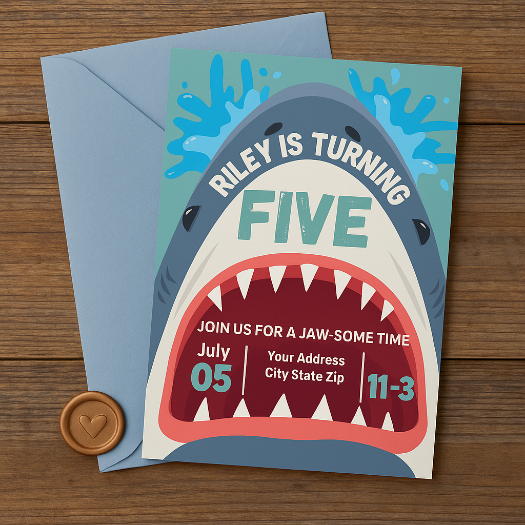 Shark-themed 5th birthday invitation on wood background with light blue envelope and wax heart seal. Card features cartoon shark with wide open mouth, splashing water, and bold text reading “Riley is turning FIVE.” Includes party date and location.