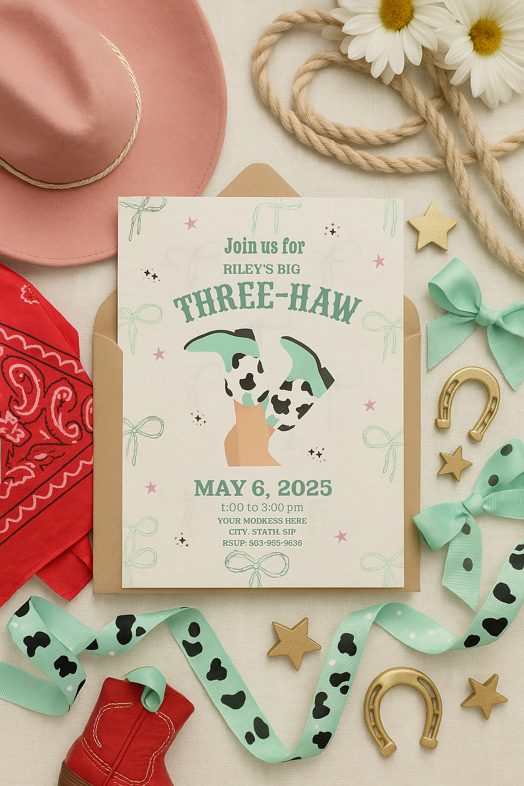 Three-Haw cowgirl-themed birthday invitation for girls featuring mint and cow print boots, styled on a neutral background with kraft envelope, pink cowboy hat, red bandana, daisies, mint ribbon with cow spots, gold stars, rope, and a toy boot. Editable and printable 3rd birthday party invite for a western cowgirl celebration.