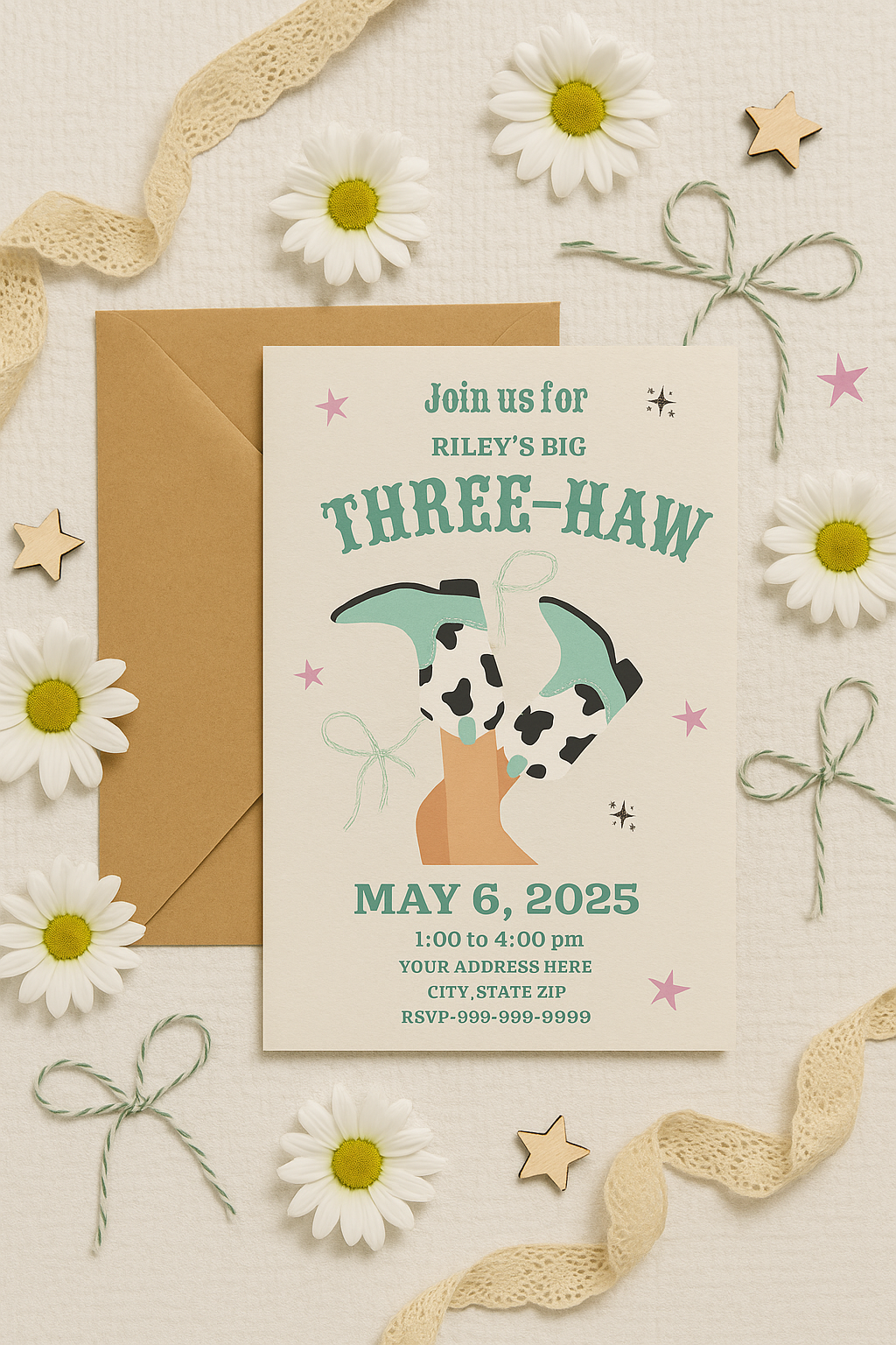 Western-themed girls birthday party invitation featuring mint green cowgirl boots with cow print, displayed on a neutral background with kraft envelope, white daisies, lace ribbon, wooden stars, and twine bows. Perfect for a feminine cowgirl third birthday party. Editable and printable invitation design.