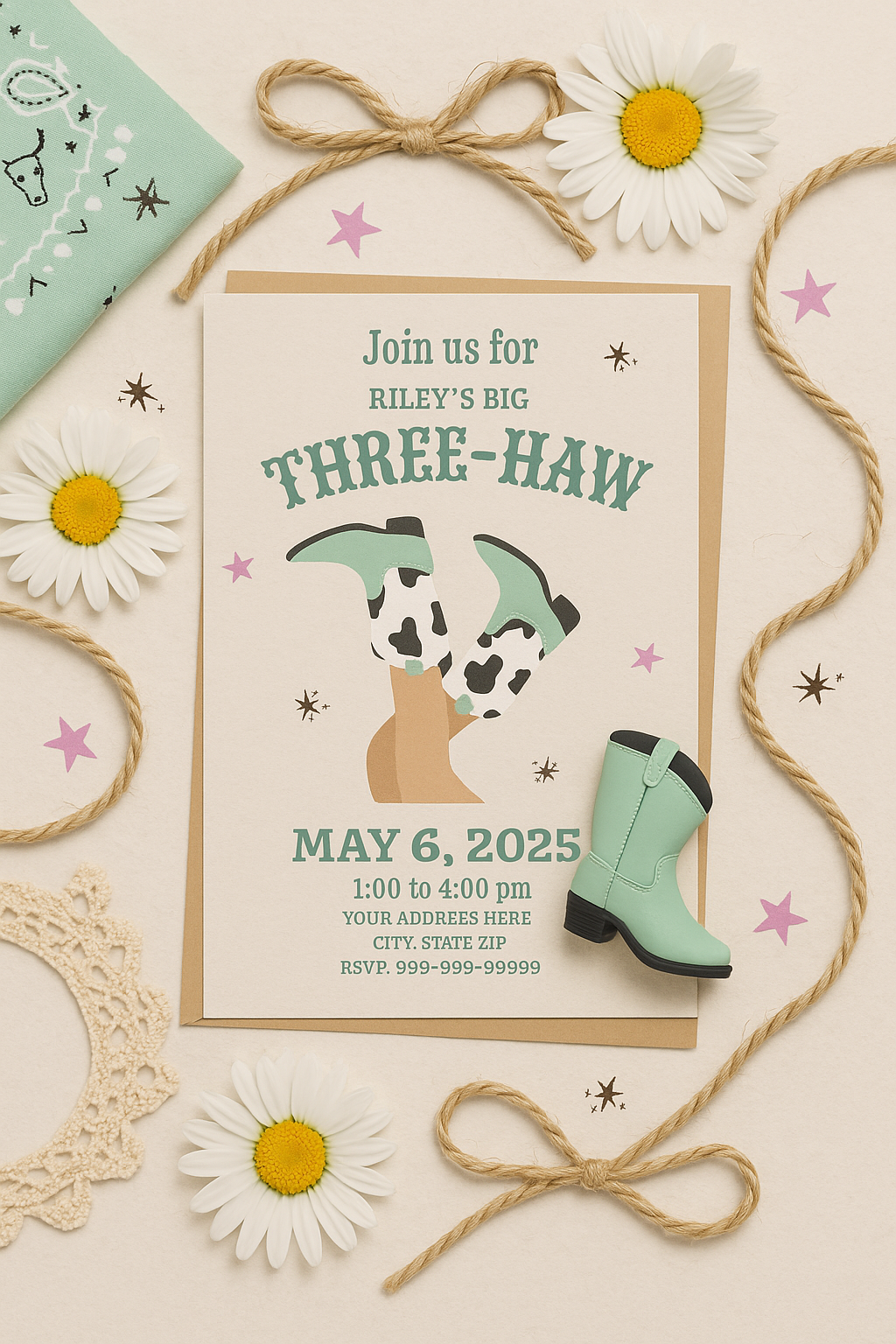 Girls cowgirl-themed third birthday invitation featuring mint green and cow print boots, styled on a neutral background with kraft envelope, mint toy boot, rope lasso bows, daisies, pink stars, a mint green bandana, and rustic western accents. Perfect for a “Three-Haw” themed toddler birthday party. Editable and printable design.
