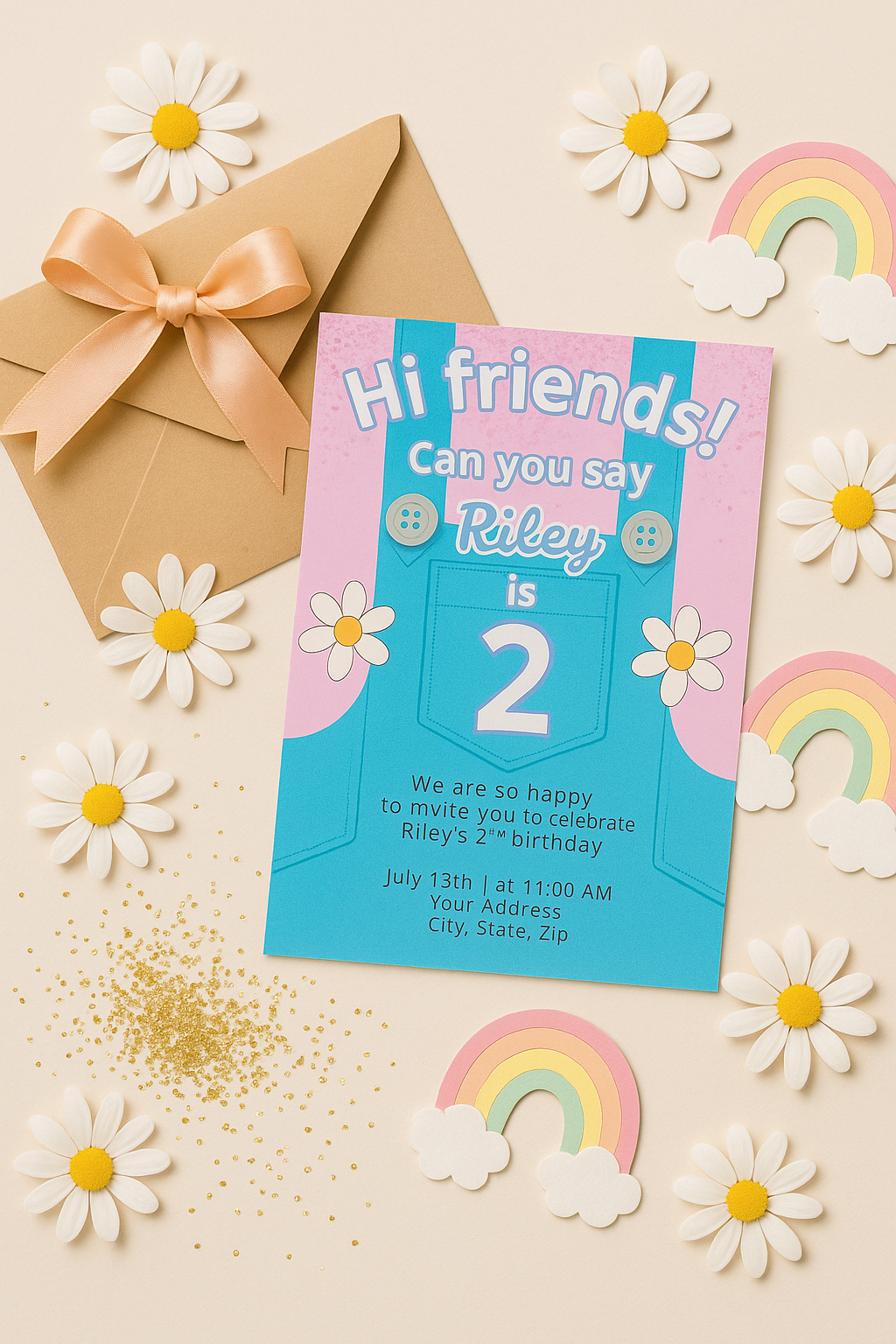 Mrs. Rachel-themed 2nd birthday invitation flat lay with kraft envelope, satin bow, daisies, pastel rainbows, and gold glitter. Invitation reads “Hi friends! Can you say Riley is 2” with pink and blue overalls. Perfect invite for toddler girl’s party.
