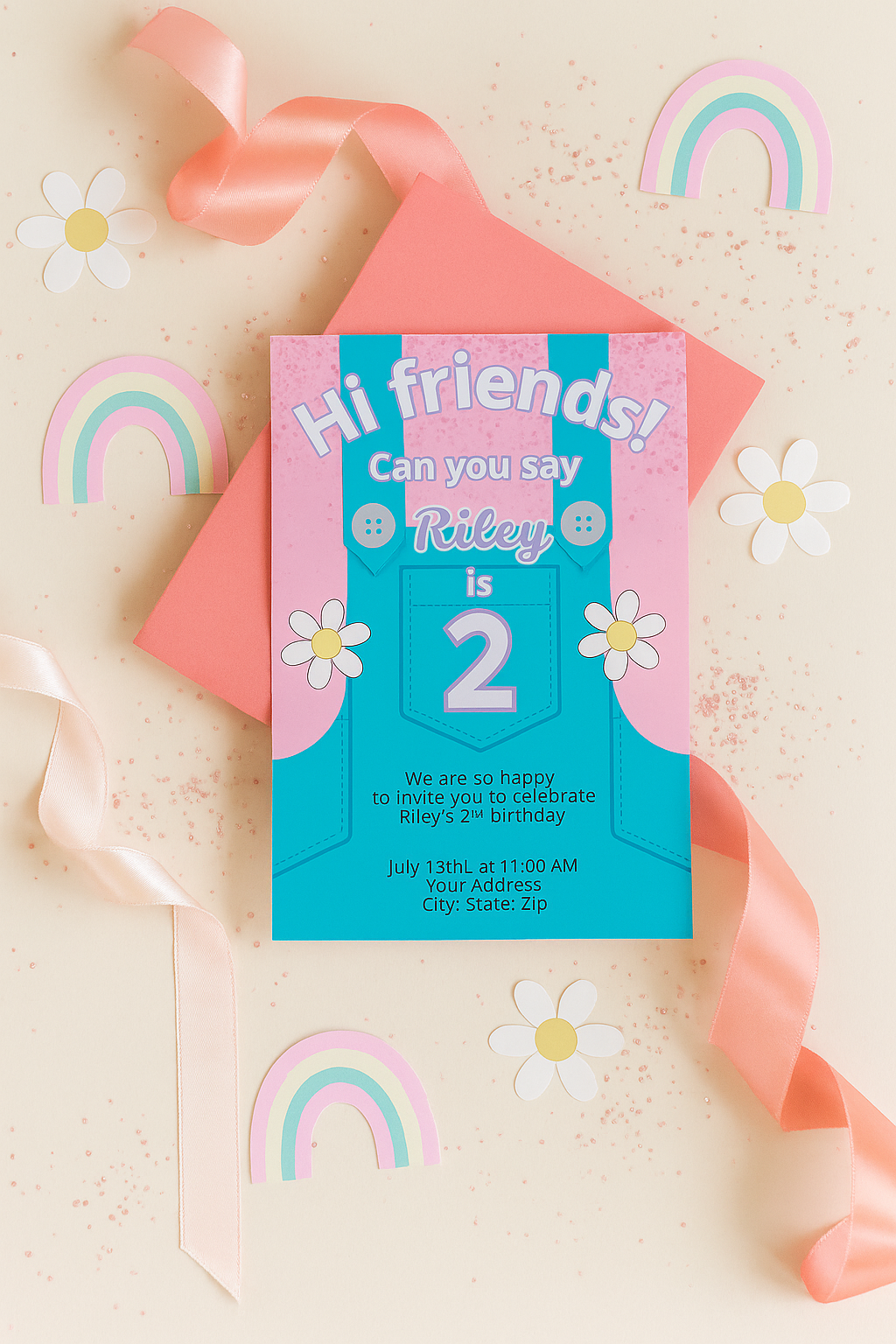 Mrs. Rachel-inspired second birthday invitation flat lay with pink glitter, rainbows, daisies, and satin ribbon. Card reads “Hi friends! Can you say Riley is 2” with overall design and buttons. Paired with coral envelope, perfect for toddler birthday.
