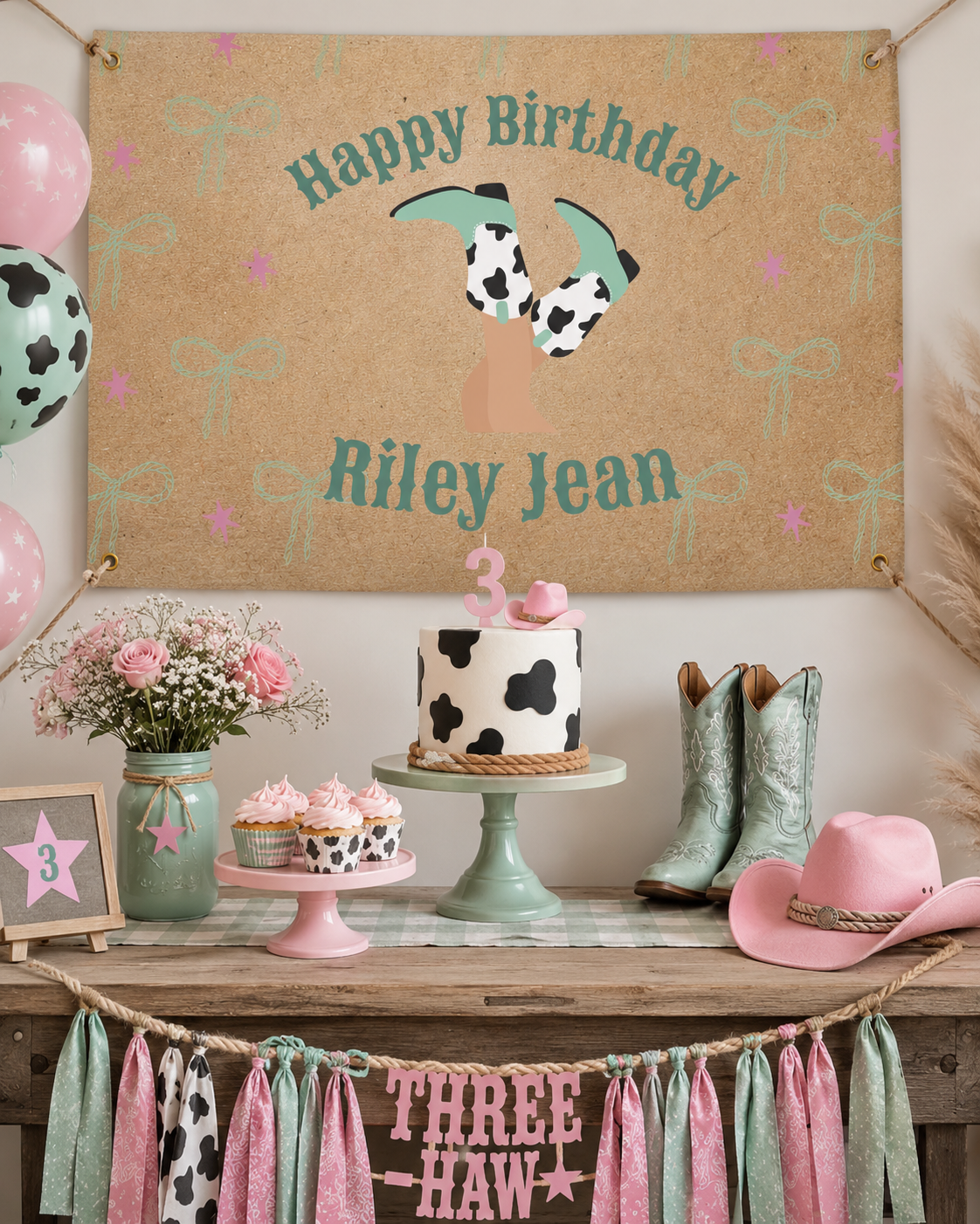 Three‑Haw Cowgirl Kraft Paper Birthday Banner – 3x2 ft Personalized Printed Poster