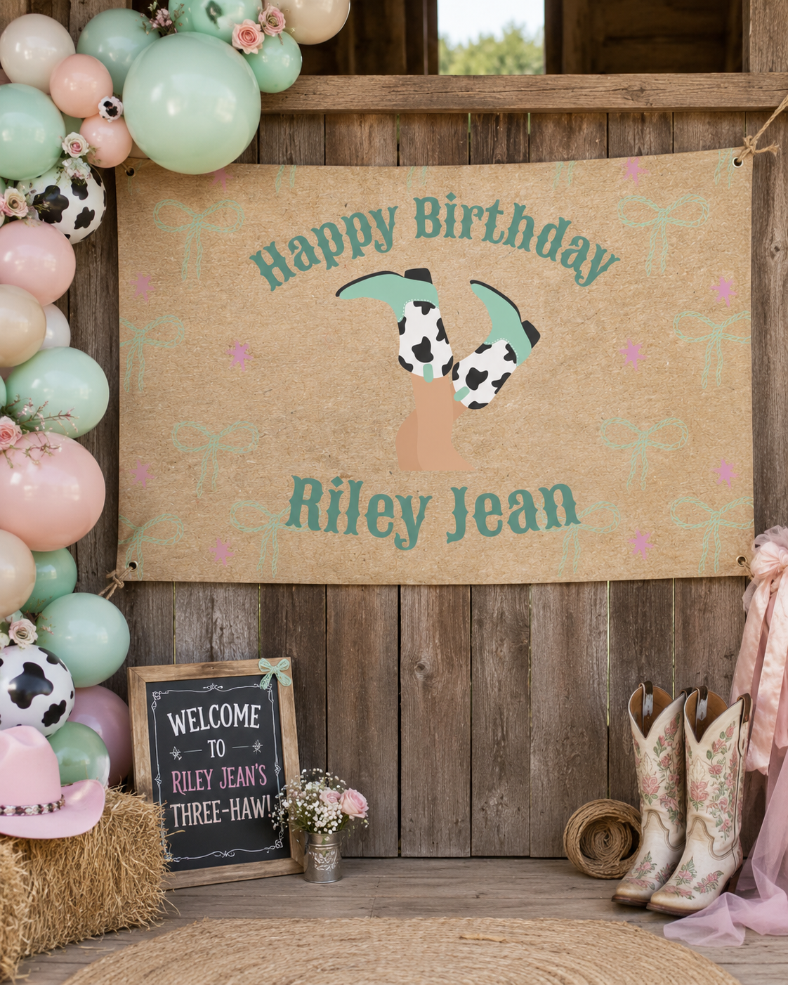 Three‑Haw Cowgirl Kraft Paper Birthday Banner – 3x2 ft Personalized Printed Poster