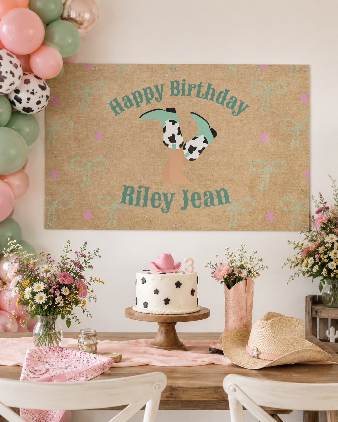 Three‑Haw Cowgirl Kraft Paper Birthday Banner – 3x2 ft Personalized Printed Poster