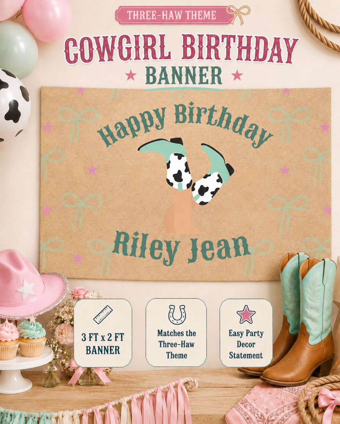 Three‑Haw Cowgirl Kraft Paper Birthday Banner – 3x2 ft Personalized Printed Poster