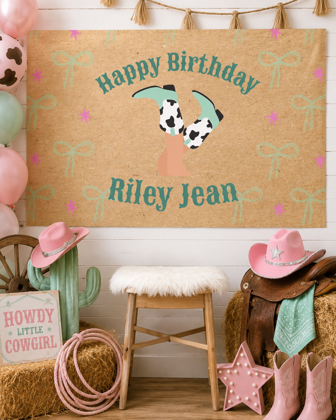 Three‑Haw Cowgirl Kraft Paper Birthday Banner – 3x2 ft Personalized Printed Poster