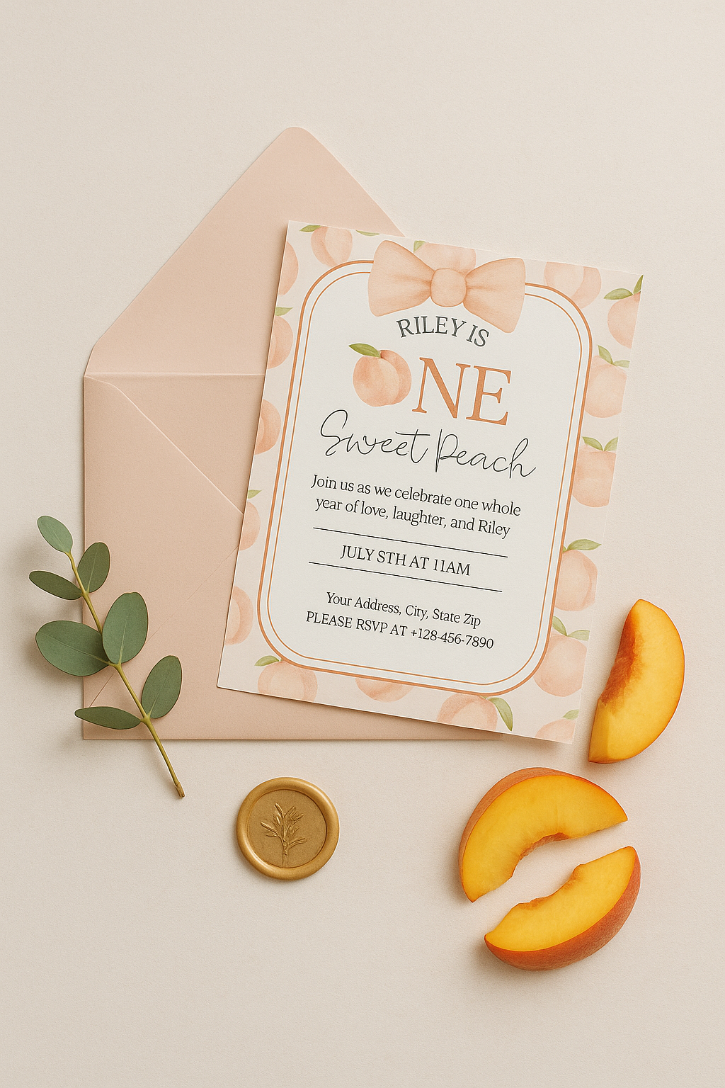 Peach-themed first birthday invitation styled with soft pink envelope, peach slices, greenery, and gold wax seal. Invitation reads “Riley is ONE Sweet Peach” with watercolor peach border and pink bow. Perfect flat lay for girl's 1st birthday party.