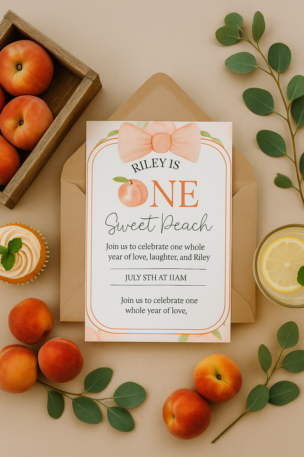 Peach-themed first birthday invitation styled with kraft envelope, fresh peaches, greenery, lemon drink, and cupcake. Invitation reads “Riley is ONE Sweet Peach” with watercolor accents and pink bow. Flat lay design for girl's 1st summer birthday party.