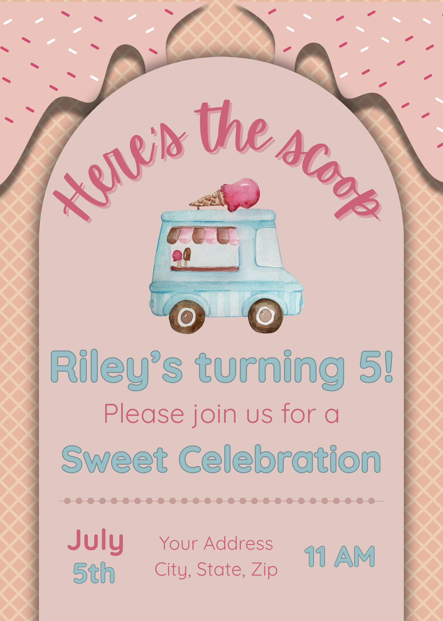 Here’s the Scoop Birthday Invitation | Ice Cream Party Invite | Sweet Birthday Theme | Editable Canva Template | Girl Birthday Invitation | Instant Download