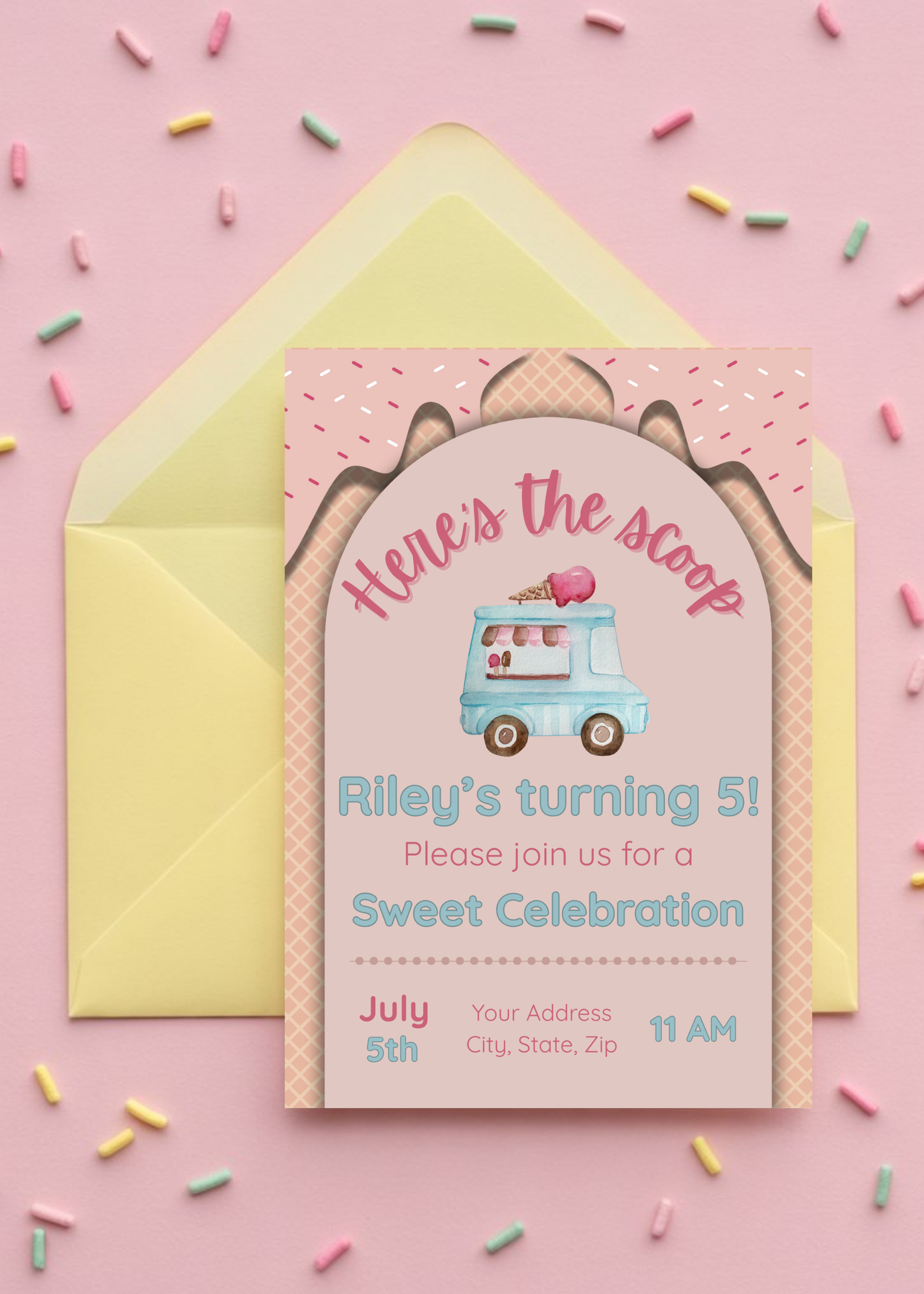 Here’s the Scoop Birthday Invitation | Ice Cream Party Invite | Sweet Birthday Theme | Editable Canva Template | Girl Birthday Invitation | Instant Download