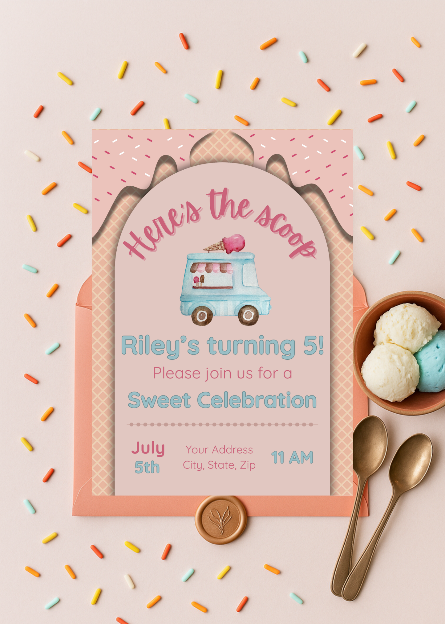 Here’s the Scoop Birthday Invitation | Ice Cream Party Invite | Sweet Birthday Theme | Editable Canva Template | Girl Birthday Invitation | Instant Download