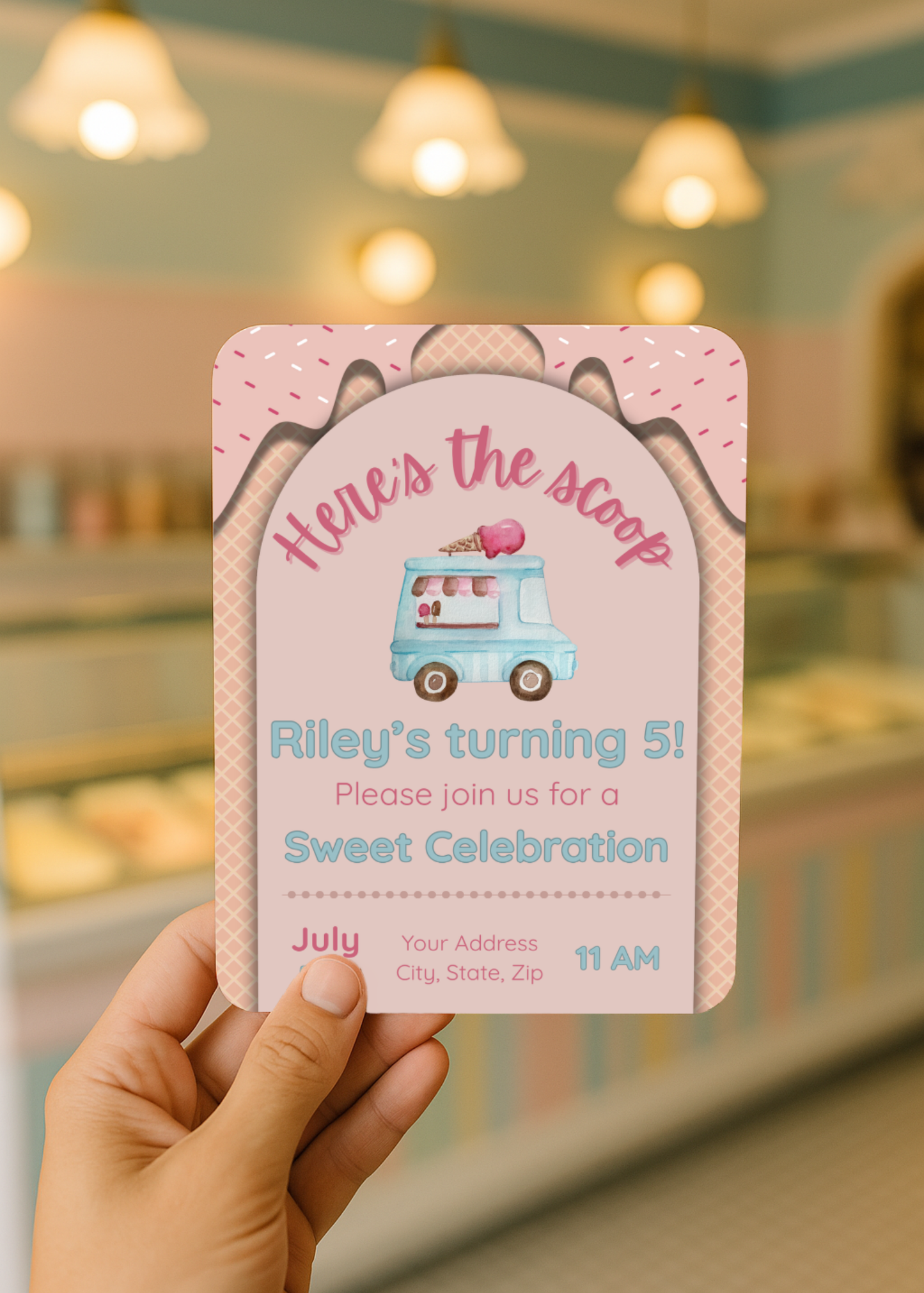 Here’s the Scoop Birthday Invitation | Ice Cream Party Invite | Sweet Birthday Theme | Editable Canva Template | Girl Birthday Invitation | Instant Download