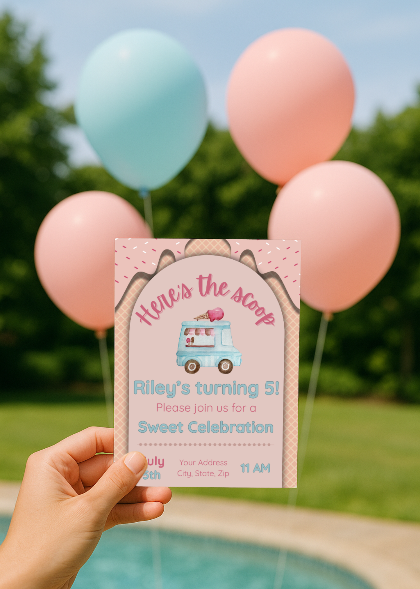 Here’s the Scoop Birthday Invitation | Ice Cream Party Invite | Sweet Birthday Theme | Editable Canva Template | Girl Birthday Invitation | Instant Download