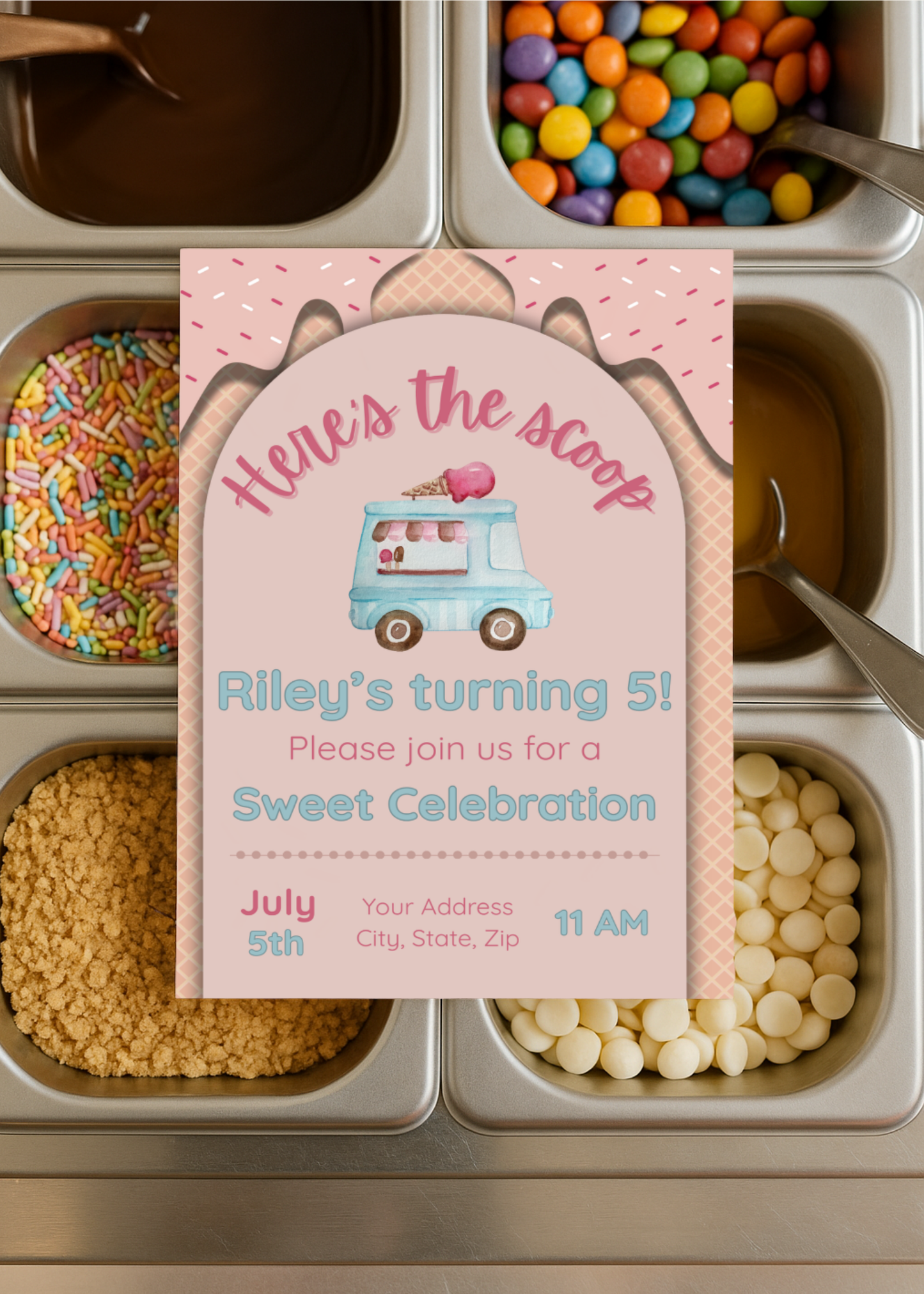 Here’s the Scoop Birthday Invitation | Ice Cream Party Invite | Sweet Birthday Theme | Editable Canva Template | Girl Birthday Invitation | Instant Download