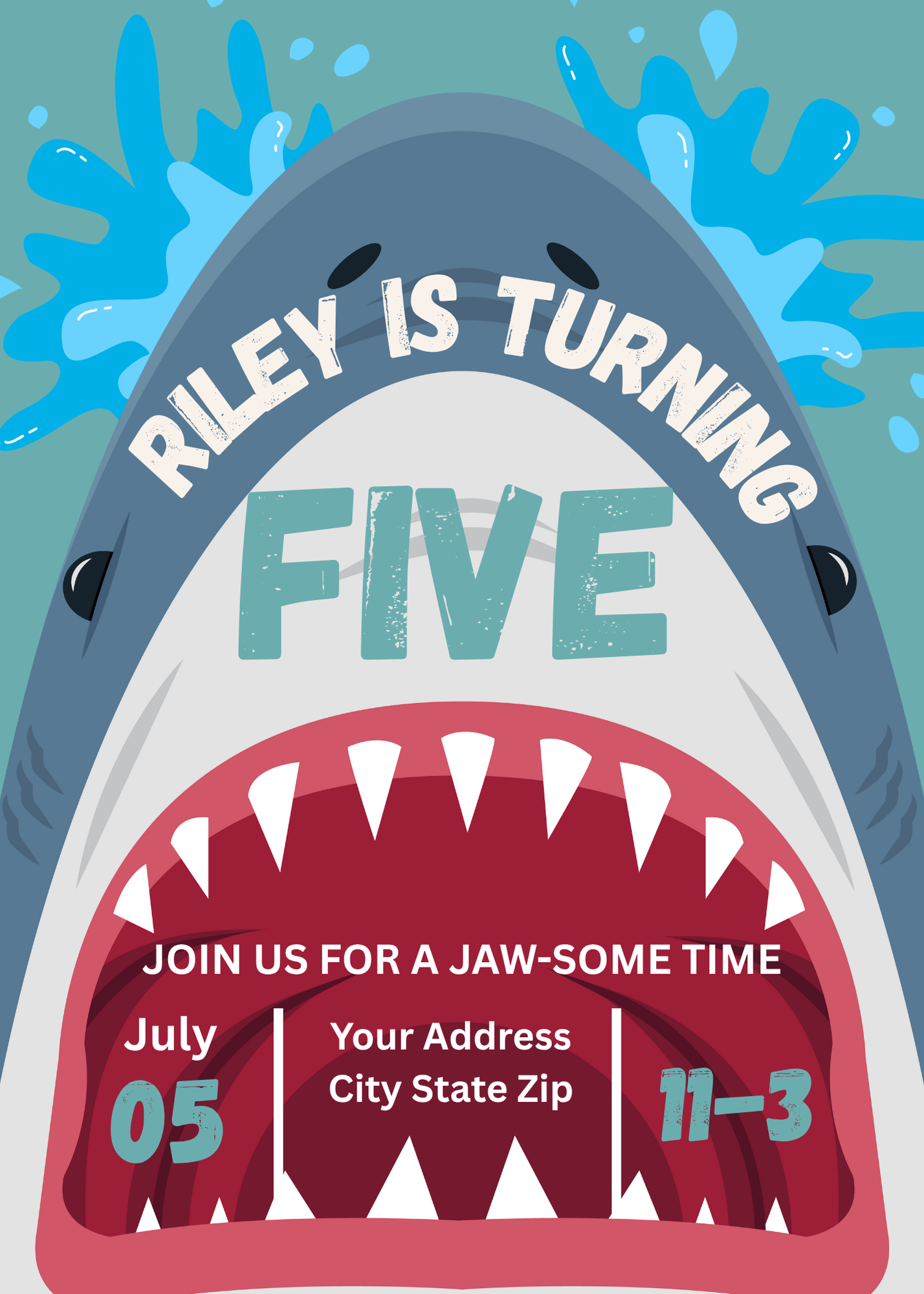 Shark-themed 5th birthday invitation with cartoon shark, wide open mouth, and water splashes. Text says “Riley is turning five.” Includes party date, time, and location details. Perfect for ocean or JAW-some shark party.