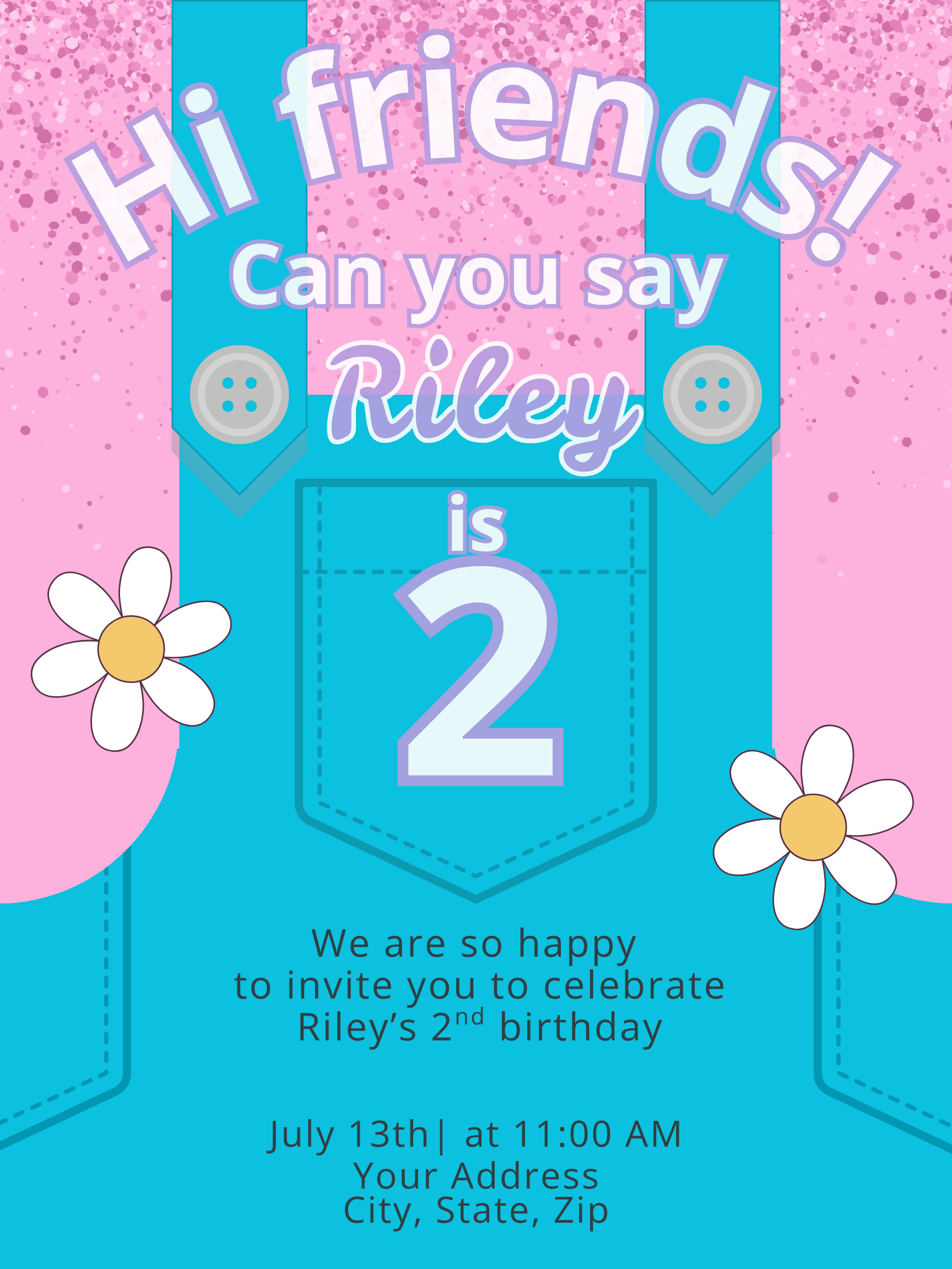 Mrs. Rachel-inspired second birthday invitation with pink glitter background, overalls design, buttons, daisies, and playful text. Reads “Hi friends! Can you say Riley is 2.” Includes date, time, and address. Perfect invite for toddler birthday party.