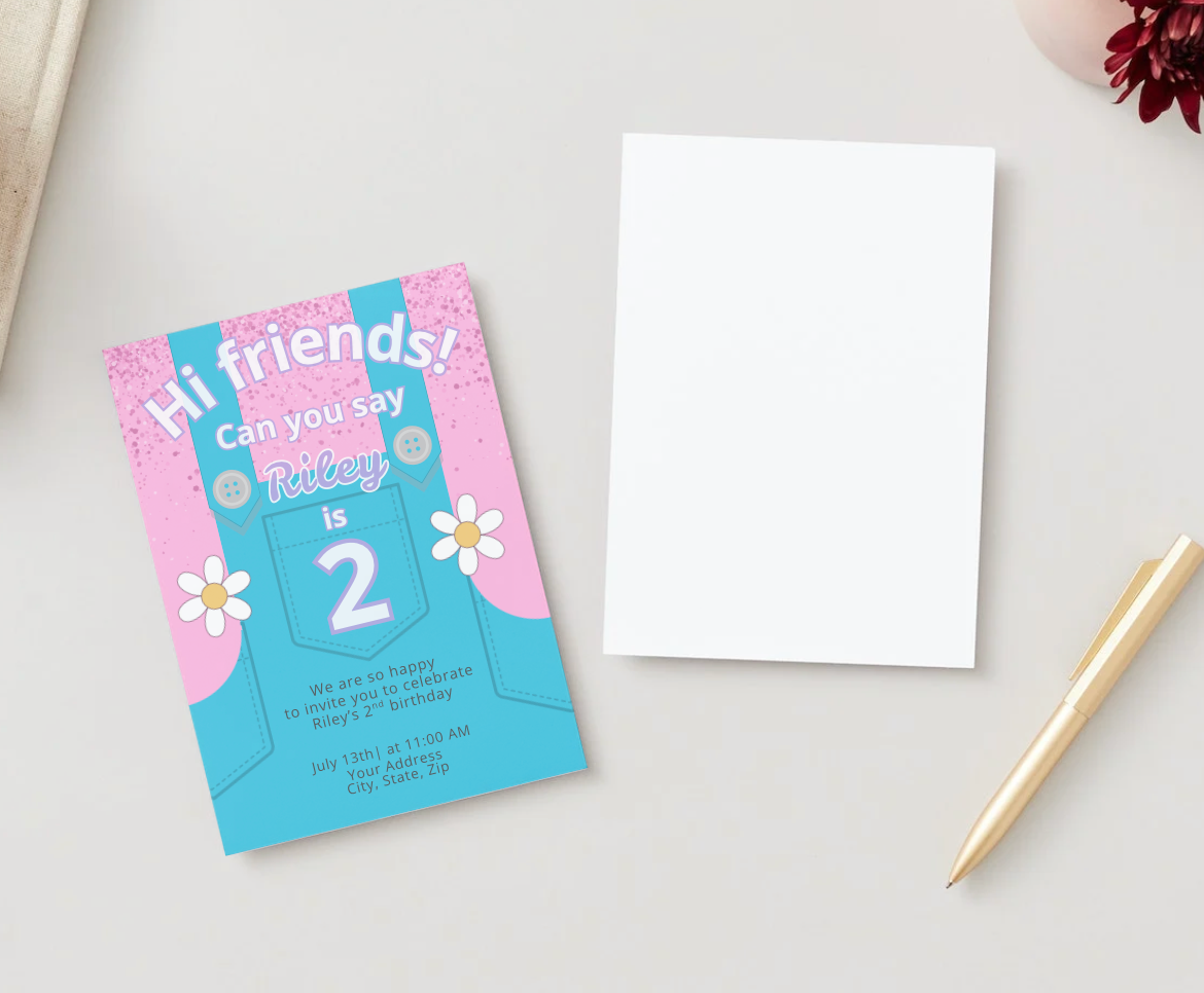 Flat lay of Mrs. Rachel-themed 2nd birthday invitation with pink glitter, blue overalls, daisies, and text “Hi friends! Can you say Riley is 2.” Styled next to blank white card, gold pen, and pink floral decor. Ideal for toddler girl party promotion.