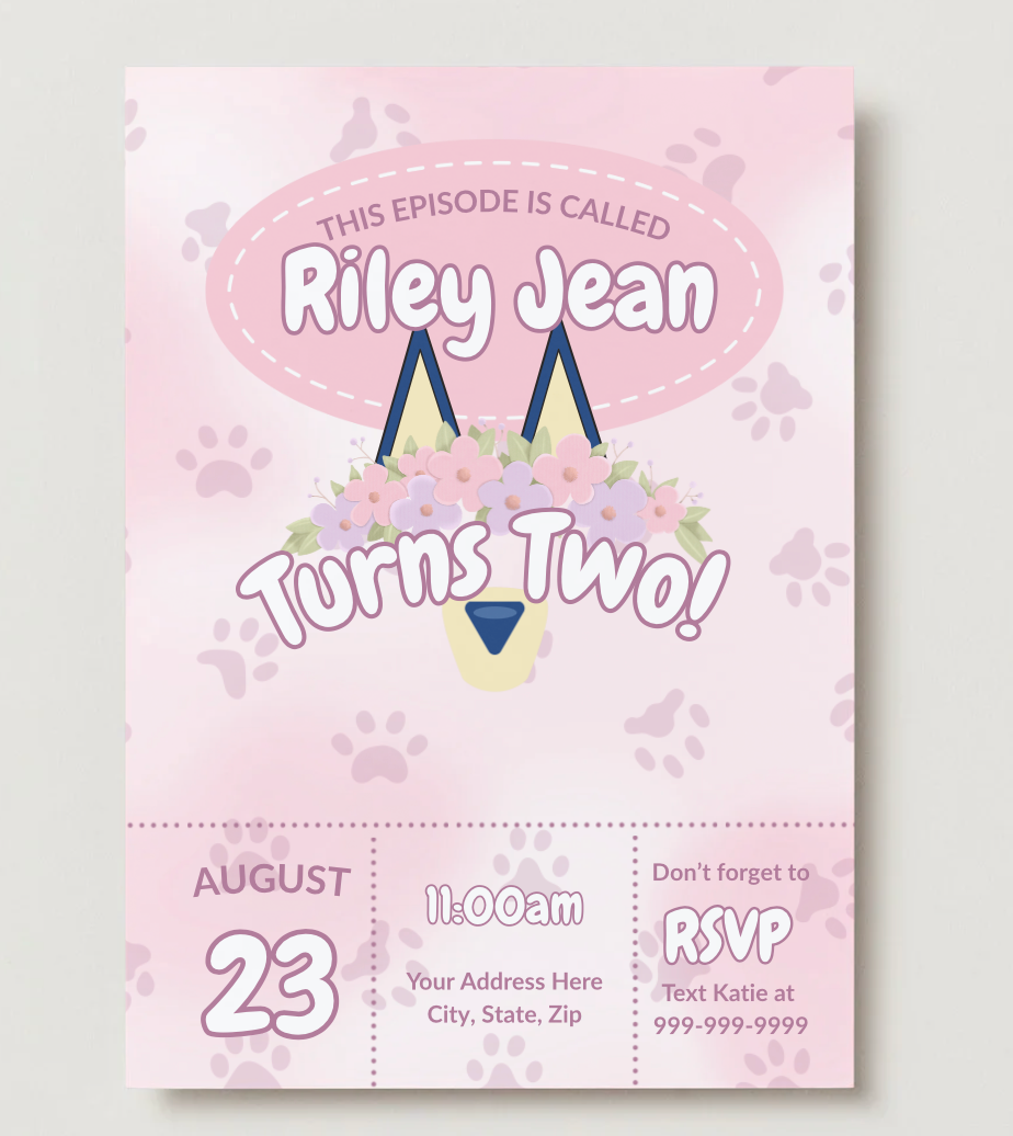 A pink Bluey-inspired birthday invitation with paw prints and a pastel floral crown above dog ears. The text reads: “This episode is called Riley Jean Turns Two!” with party details for August 23 at 11:00 AM and RSVP info on the bottom.