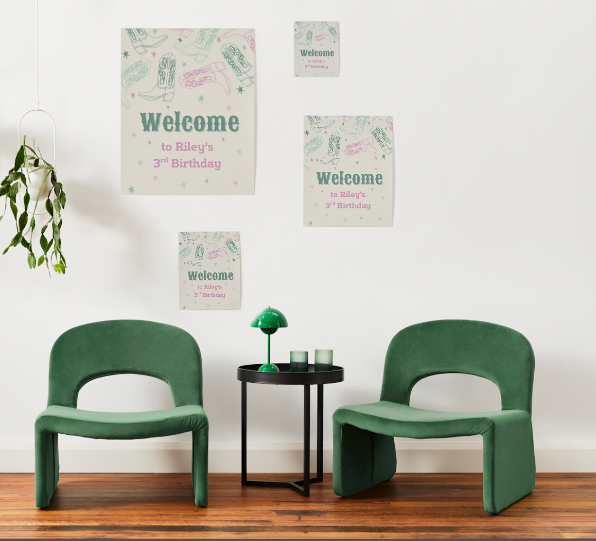 Gallery wall mockup featuring multiple western-themed birthday welcome signs with cowboy boots and pastel stars. Text reads “Welcome to Riley’s 3rd Birthday.” Displayed above green chairs and black table in a modern room with plant decor.
