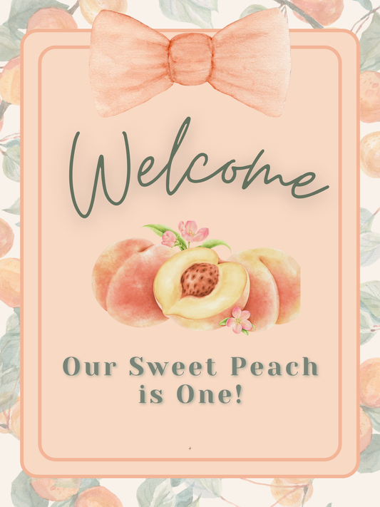 Peach-themed first birthday welcome sign with watercolor peaches, pink bow, and floral accents. Text says “Welcome, Our Sweet Peach is One!” in elegant fonts. Perfect for summer peach party decor or girl’s 1st birthday celebration.