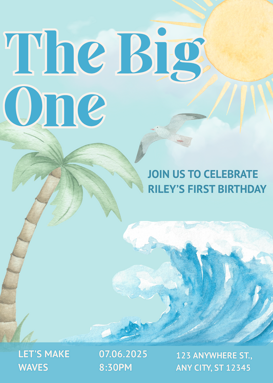 Watercolor-style birthday invitation titled "The Big One" featuring a beach and surf theme. The design includes a surfboard, ocean waves, palm trees, and playful tropical accents in blue, green, and orange tones. Text invites guests to Riley’s first birthday celebration, capturing a sunny, coastal summer vibe perfect for a surfer-themed party.