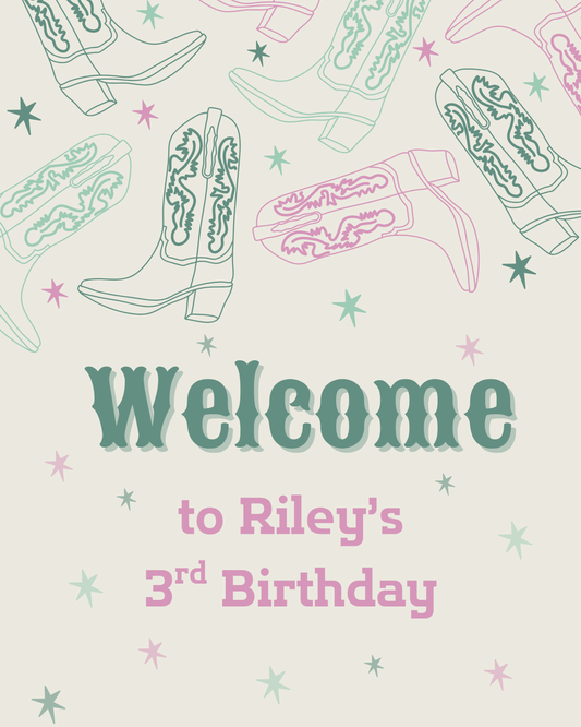 Western cowgirl-themed birthday welcome sign with pastel pink, green, and purple cowboy boots and stars. Text reads “Welcome to Riley’s 3rd Birthday” in bold fonts. Perfect for girl’s third birthday party with country or rodeo party theme.