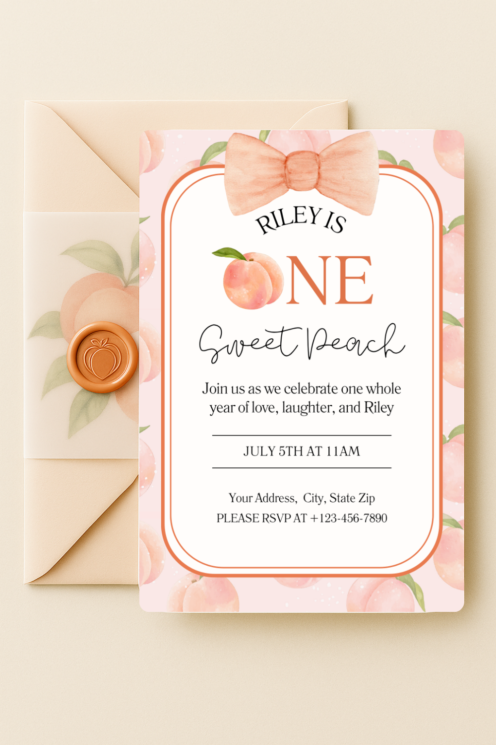 Peach-themed first birthday invitation with watercolor peach pattern, pink bow, and elegant fonts. Styled with vellum jacket, peach-printed insert, and peach wax seal. Text reads “Riley is ONE Sweet Peach.” Perfect flat lay for girl's 1st birthday party.