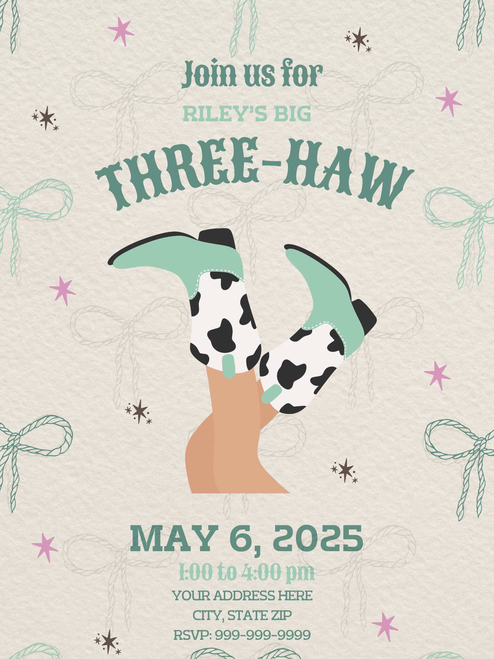 Saddle up for Riley’s big “Three-Haw”! This western cowgirl birthday party collection is full of yee-haw charm with mint green and cow print accents, playful rope details, and pink starbursts. Perfect for little ones turning three who love a girly twist on classic cowboy style. From customizable invitations to party signs, favor tags, and themed decor, this collection has everything you need to throw a rootin’-tootin’ celebration that’s as fun as it is fabulous.